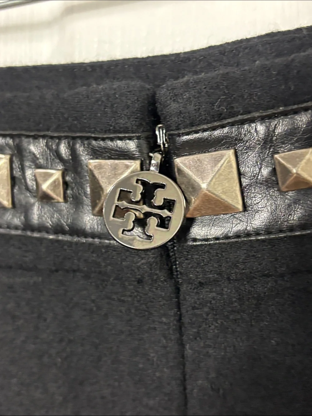 Tory Burch Black Wool Pencil Skirt Studded Waist Leather Trim Pockets Size Large